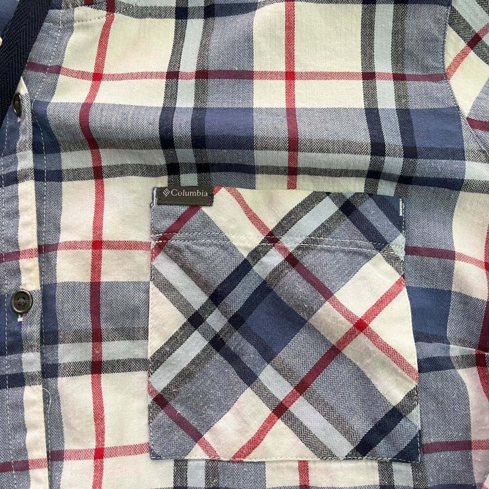 Columbia Flannel Womens XL Red White Blue Plaid Drawstring Button Up Hoodie - Picture 4 of 13